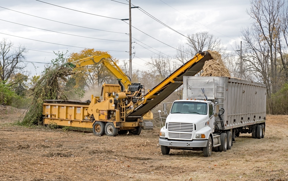 horizontal,grinder,mulching,felled,trees,during,deforestation